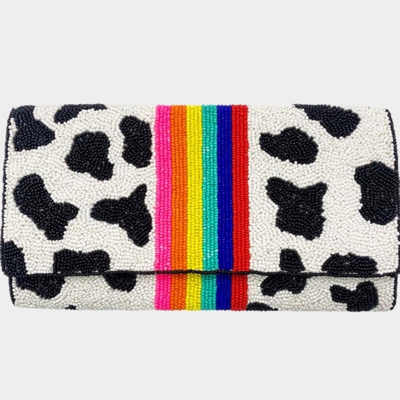 Cow Patterned Rainbow Color Block Seed Beaded Clutch / Crossbody Bag - Picture 2 of 3